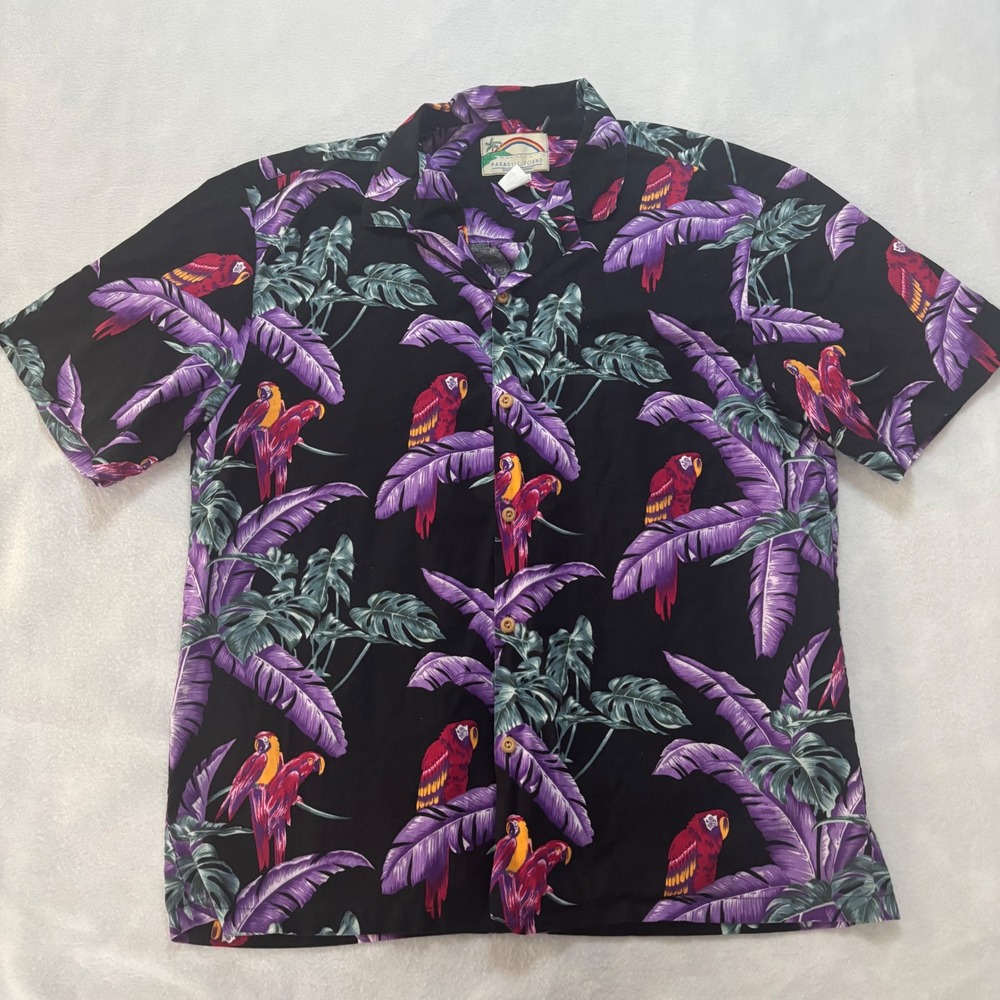 Paradise Found Hawaiian Shirt Mens Large Black Parrot Purple Palm Cotton Hawaii